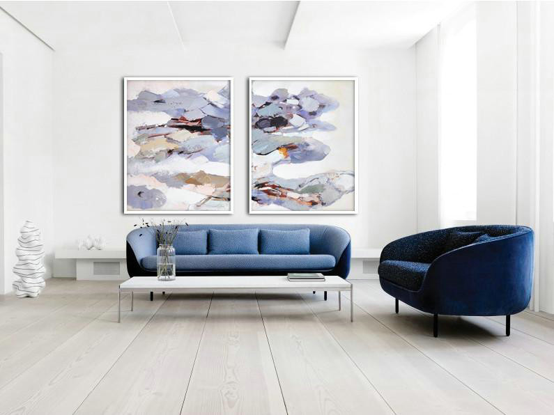 Extra Large Canvas Art,Set Of 2 Abstract Painting On Canvas,Modern Canvas Art,White,Grey,Purple,Yellow.etc